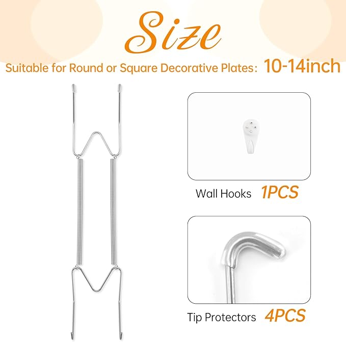 Plate Hangers for The Wall, Suitable for 10-14 inch Decorative Plate, Stainless Steel Wire Plate Holder with Wall Hooks and Rubber tip Protectors, Plate Hangers for Displaying Plates, Platter, Silver
