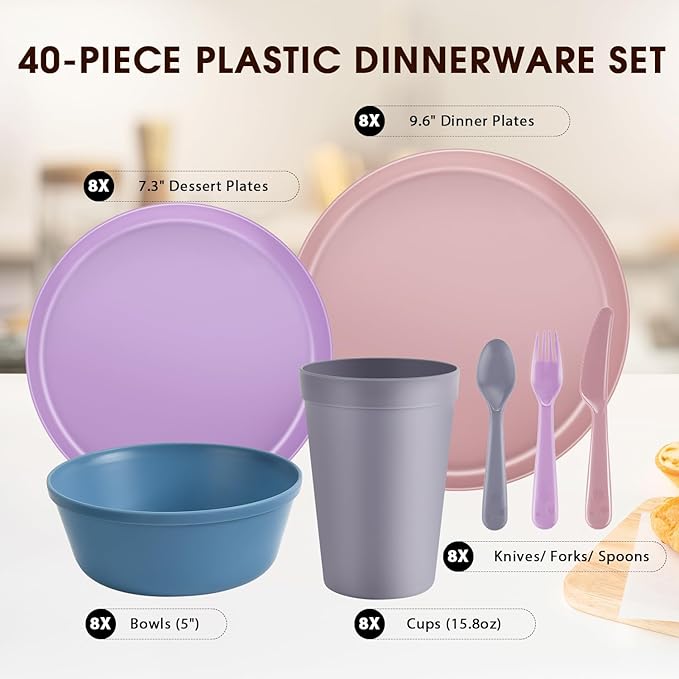 40 Piece Plastic Dinnerware Set for 8 with Cutlery, Unbreakable Plates and Bowls Set, Dishwasher & Microwave Safe Reusable Dish Set for Camping, RV, Outdoor Kitchen, Apartment Dining,Pastel Multicolo