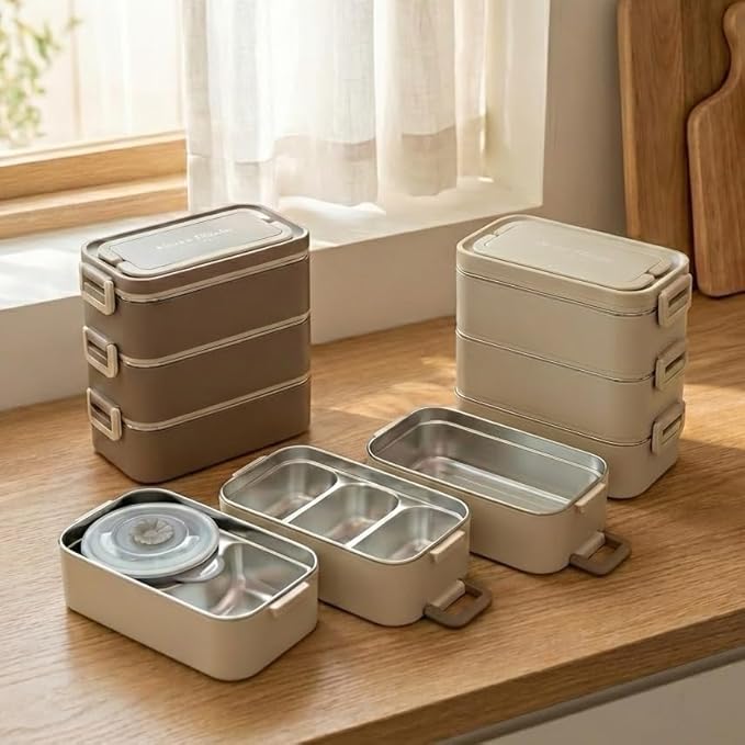 Bento Box Adult Lunch Box, Stackable 3-Layer 304 Stainless Steel for Adults, Office, 3L Capacity, Portable, Soup Bowl, Spoon & Fork, Metal Lunch Box, Tiffin