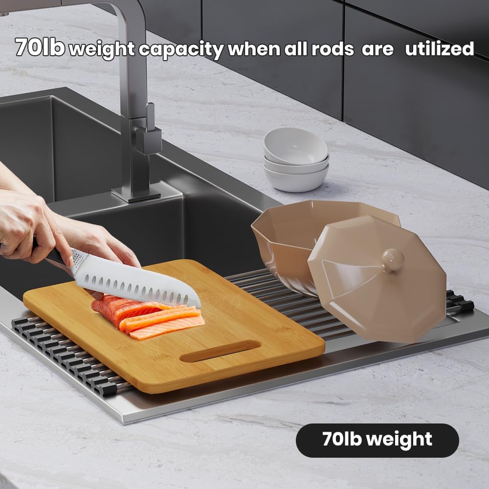 Roll Up Dish Drying Rack, Stainless Kitchen Accessories, Foldable Dish Rack, Anti-Slip Design Sink Counter Storage, Over The Sink Dish Rack, Stainless Steel, (17.5" x 12") Gray