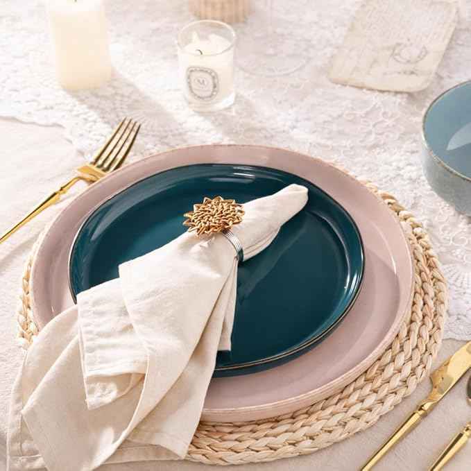 AmorArc Ceramic Dinnerware Sets for 4, 12 Pieces Handpainted Plates and Bowls Set with Rustic Terracotta Underside, Scratch Resistant Stoneware Dishes Set, Dishwasher & Microwave Safe, Multi-Color