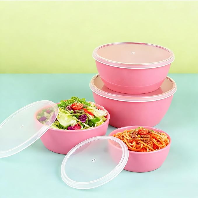 4-Piece Classic Plastic Prep Bowls with Lids, Nesting Plastic Small Mixing Bowl Set for Mixing, Baking, Prepping, Cooking and Serving Food, Microwave and Dishwasher Safe (Pink)