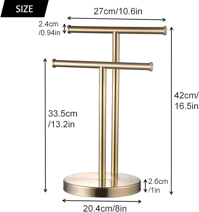 SHUNLI Hand Towel Holder Stand, Double T-Shape Hand Towel Stand Rack for Bathroom Countertop, SUS304 Stainless Steel, Brushed Gold