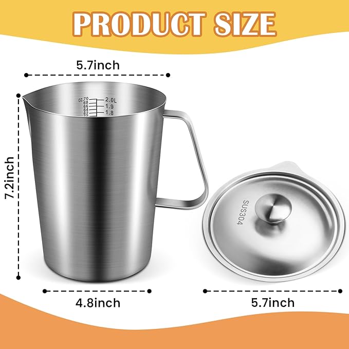 2 Pcs Stainless Steel Pitcher with Lid, 70 oz / 2 L Large Mouth Graduated Measuring Cup with Marking & Handle, Milk Frothing Jug for Espresso Machine, Latte Art, Iced Tea, Hot and Cold Water