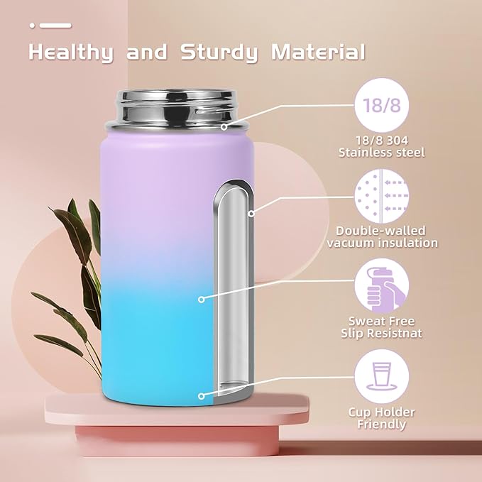 Volhoply 14oz KIds Stainless Steel Insulated Leakproof Water Bottle with Straw Lid and Silicone Boot,BPA-Free Easy Use for Boys&Girls,Double Wall Vacuum Bottles(Lavender Blue,1)