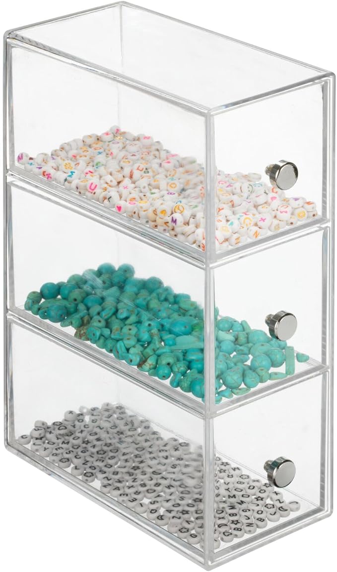 mDesign Plastic Stackable Desktop Organizer Tower Storage Station with 3 Drawers for Home Office - Holds Pens, Sticky Notes, Binder Clips, Notepads, or Gel Pens - Lumiere Collection - 2 Pack - Clear
