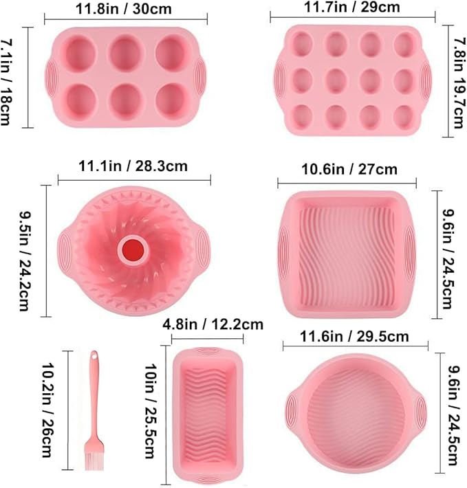 Acidea Nonstick Silicone Bakeware Set, 7pcs Baking Cake Pan, Economical BPA Free Heat Resistant Bakeware Suppliers Tools Kit with Silicone Brush for DIY Loaf Bread Cheesecake Pizza Cupcake Muffin