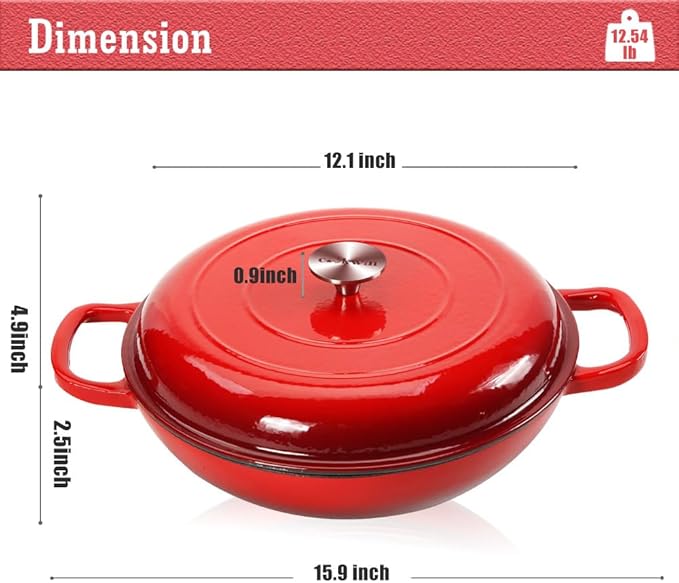 COOKWIN Cast Iron Casserole Braiser, 3.8 Quart Enameled Cast Iron Dutch Oven Pan with Lid, Heavy Duty and Dual Handles Skillet, Oven-Safe Porcelain Surface Casserole Dish, Red