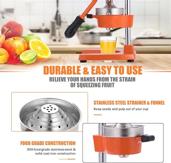Commercial Heavy Duty Cast Iron Hand Press Manual Orange Citrus Lemon Lime Grapefruit Pomegranate Fruit Juice Squeezer Machine with Stainless Steel Cup