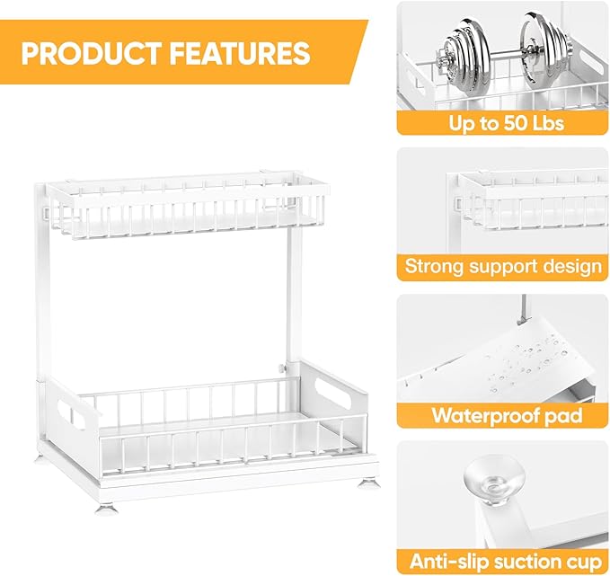 Saydear Under Sink Organizer Storage 2-Tier Premium Metal Pull-Out Kitchen Cabinet Organizer with Sliding Drawer, Height Adjustable, Heavy Duty for Kitchen & Bathroom Organizers 1 Pack White