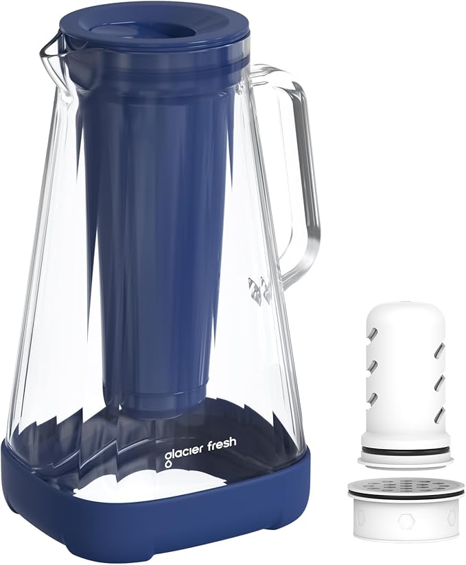 GLACIER FRESH 10 Cup Purela Glass Water Pitcher with 1.6X Flow Rate Upgraded Ultrafiltration Membrane and Activated Carbon Filter, Reduces 99% Chlorine, PFOA&PFOS, Coliforms, Blue