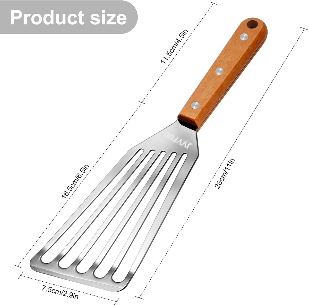 Fish Turner Spatula Stainless Steel, 11" Metal Slotted Spatula for Non Stick Pans, Grilling Salmon, Flipping Eggs & Pancakes,Easy to Clean,Heat-Resistant Wood Handle