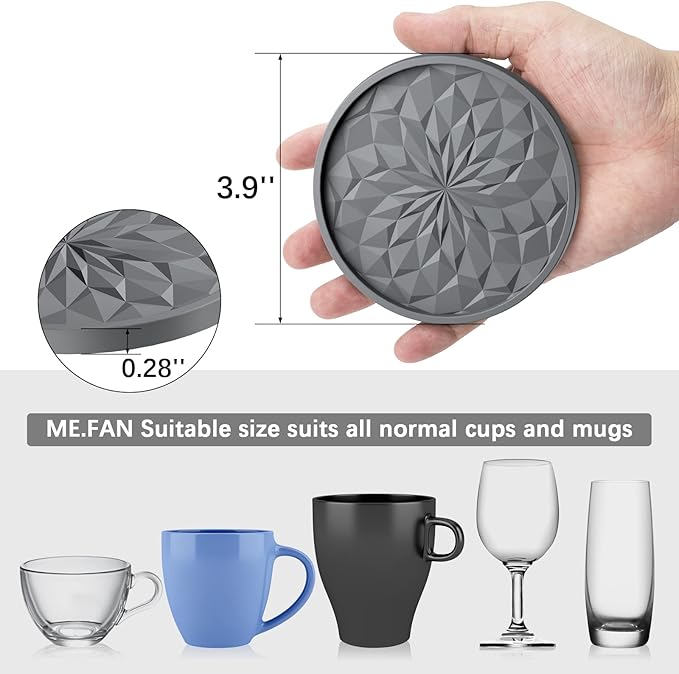 ME.FAN Silicone Coasters with Holder,[6 Pack] Drinking Coasters - Cup Mat for Hot or Cold Drinks, Thickened, Non-Slip, Non-stick,Deep Tray Coffee