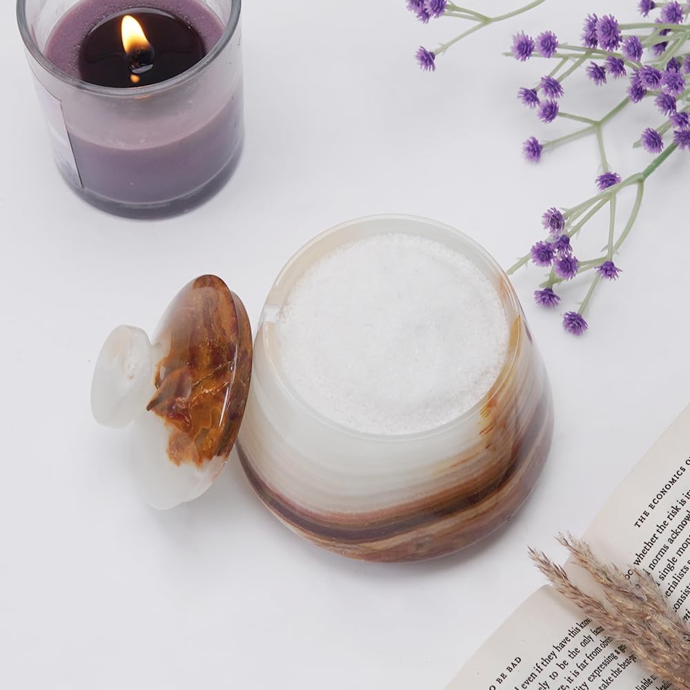 Marble Salt Cellar With Lid & Spoon 4 Inch Stone Salt Container, Seasoning Spice Jar Holder & Jewelry Storage, Salt Box For Kitchen Counter (White Onyx)