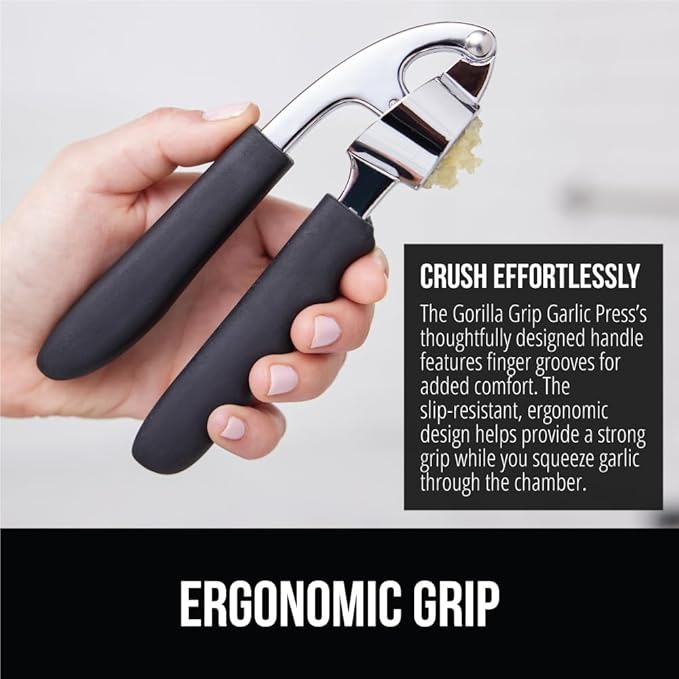 GORILLA GRIP Garlic Press and Peel Set, Heavy Duty Mincer Tool, Large Ergonomic Handle, Easily Mince, Crush Garlics Ginger Nuts, Peeler Included for Peeling Cloves, Holiday Prep Kitchen Gadgets, Black