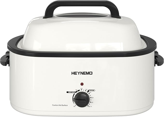 24Qt Turkey Roaster Oven Buffet with Self-Basting Lid, 1450W Electric Roaster Oven with Cool-Touch Handles, Removable Pan and Rack, Stainless Steel, White