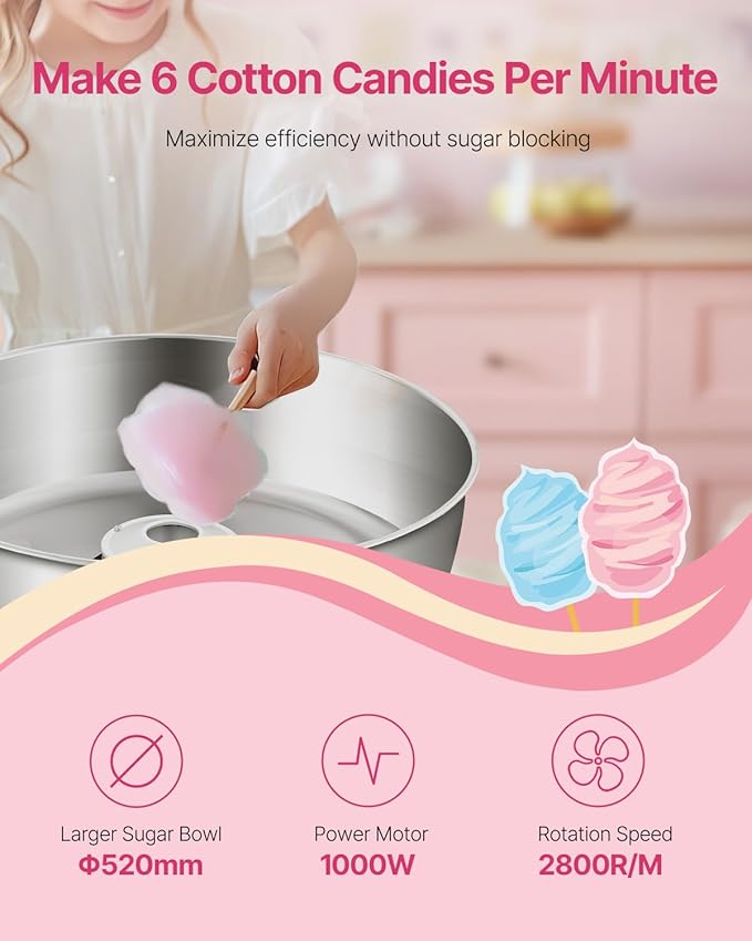 VEVOR Electric Cotton Candy Machine, 1000W Commercial Candy Floss Maker with 20.5 in Stainless Steel Bowl, Sugar Scoop, and Drawer, Easy Home Use, Perfect for Kids Birthday, Family Party, Blue