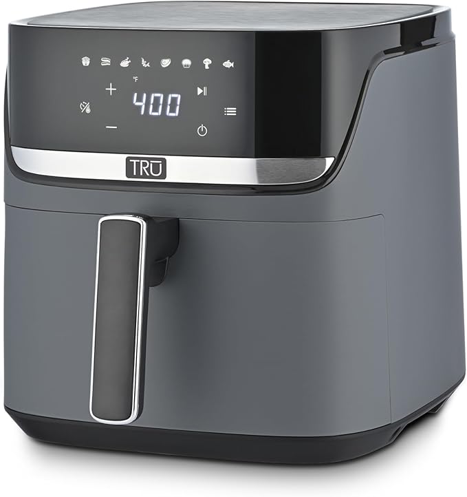 TRU 8-Quart Digital Air Fryer by Select Brands - Family Size, One-Touch Control, 8 Presets - Air Fry Chicken, Meat, Veggies, Fries - Nonstick Pot and Crisping Tray, Auto Shut Off, Matte Gray