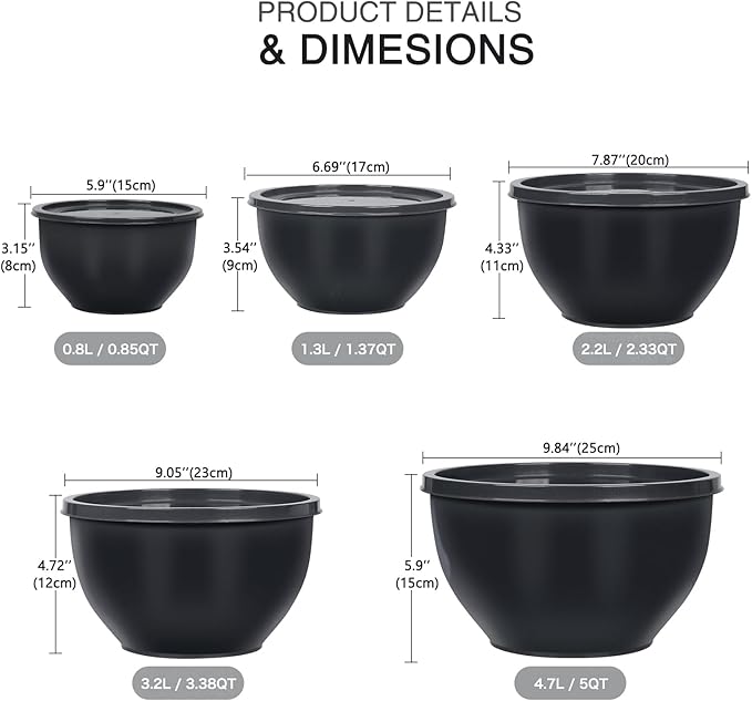 Greentainer Plastic Mixing Bowls with Lids Set for Kitchen, 5 Set Nesting Bowls for Mixing, Baking, Prepping, Cooking and Serving Food, Mixing Bowls Dishwasher, Microwave Safe