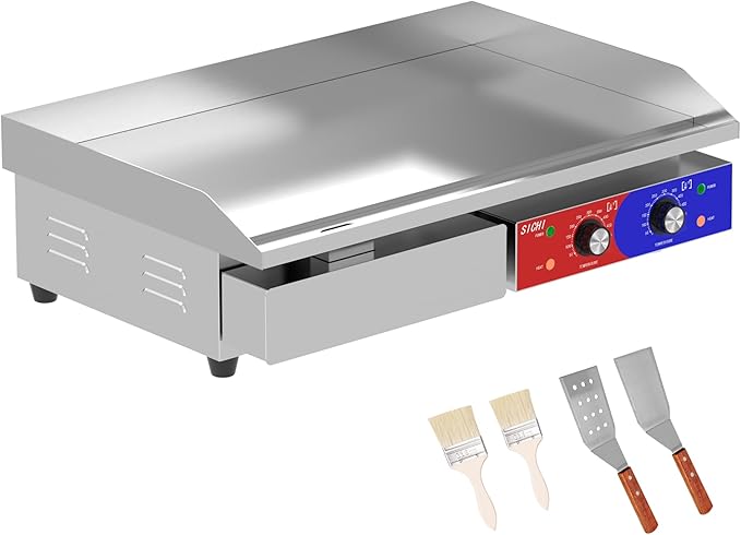 29’’ * 16’’ Commercial Electric Countertop Griddle -110V Flat Top Griddles w/ 122-572°F Adjustable Temperature and Non-Stick, 3000W Stainless Steel Electric Griddle w/ 10mm Thick Cast Iron