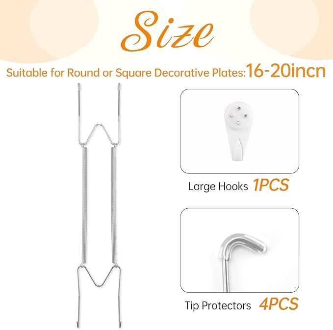 Plate Hangers for The Wall, Suitable for 16-20 inch Decorative Plate, Stainless Steel Wire Plate Holder with Wall Hooks and Rubber tip Protectors, Plate Hangers for Displaying Plates, Platter, Silver