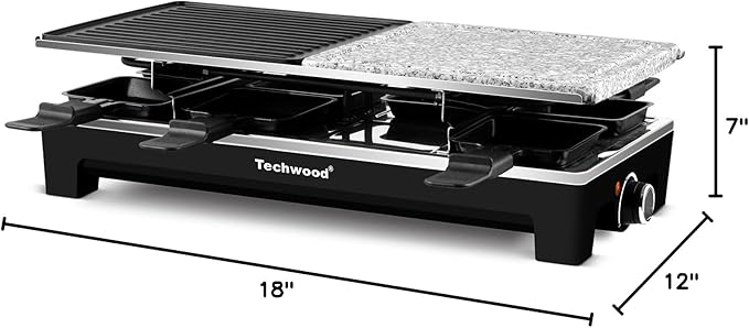 Raclette Grill, Techwood Electric Indoor Grill with 2 Reversible Non-stick Grill Griddle Plates, 1 Stone Grill Plate, 1500W Fast Heating with 8 Cheese Pans, Ideal for Parties and Family Fun, Black