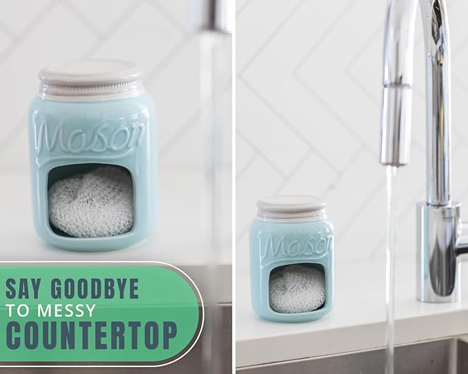 Comfify Ceramic Sponge Holder – Aqua Blue Farmhouse Sink Caddy – Mason Jar Kitchen Accessory – Includes Free Sponge