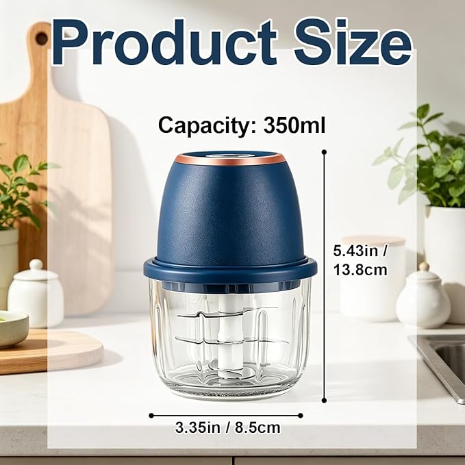 Electric Garlic Chopper, 2026 Upgraded Mini Food Processor 350ml, Cordless USB Rechargeable Food Chopper with 6 Stainless Steel Blades & Thickened Glass for Garlic Ginger Nuts Meat (350ml-White)