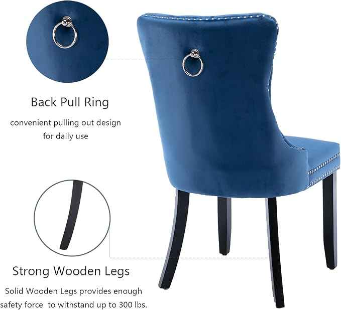 Upholstered Dining Chairs Set of 2, Velvet Dining Room Chairs with Back Ring Pull Trim and Solid Wood Legs, Tufted Wingback Kitchen Chair Perfect for Dining Room,Living Room,Kitchen(Blue)