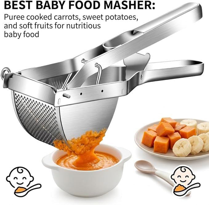 Stainless Steel Potato Ricer with Dough Scraper - Masher for Mashed Potatoes, Gnocchi & Fruit - Dishwasher Safe