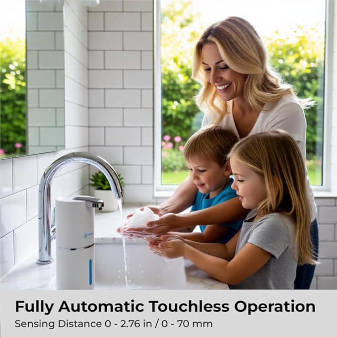 Automatic Touchless Foam Soap Dispenser (White, 12.8oz) | USB-C Rechargeable, Infrared Sensor, IPX5 Waterproof for Bathroom, Sinks, Kitchen | Wall Mount or Countertop for Hand Soap