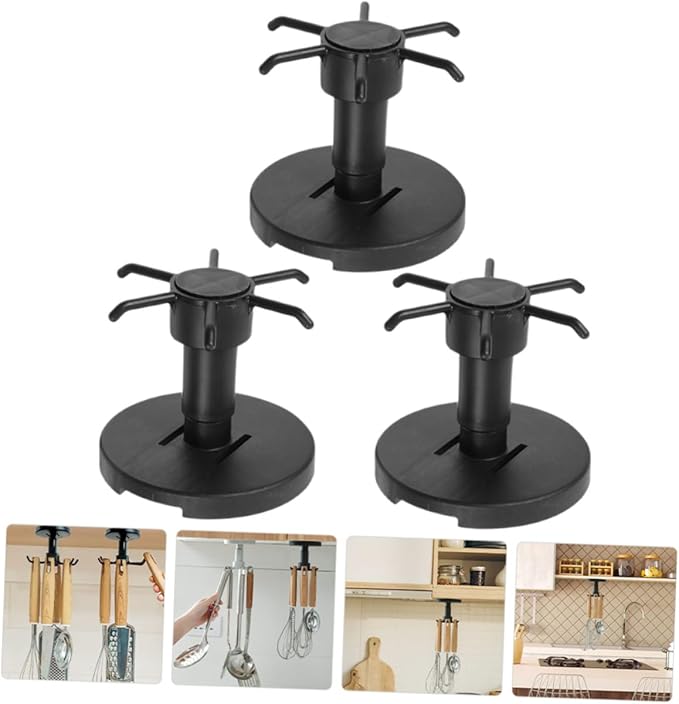 TOYANDONA 3pcs Kitchen Utensil Hooks Set with Rotating Black Hanging Organizer, Nail-Free Under Cabinet Cooking Sundries Holder for Spoon, Spatula, and Ladle Storage