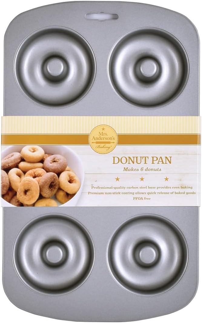 Mrs. Anderson's Baking 6-Cup Donut Pan, Carbon Steel with Non-Stick Coating, PFOA Free, 10.5-Inches x 7-Inches