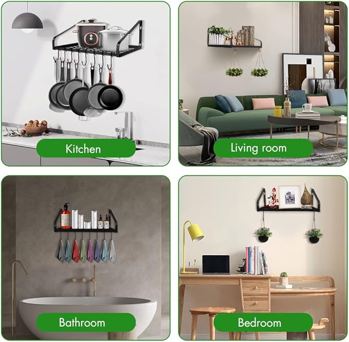 Felibeaco Hanging Pots & Pans Rack,Wall Mounted Pots Pans Organizer Holder Rack with 8 Hooks, Kitchen Wall Storage Organizer Hanger Shelves for Pans Set, Utensils, Cookware, Books, Household,Black