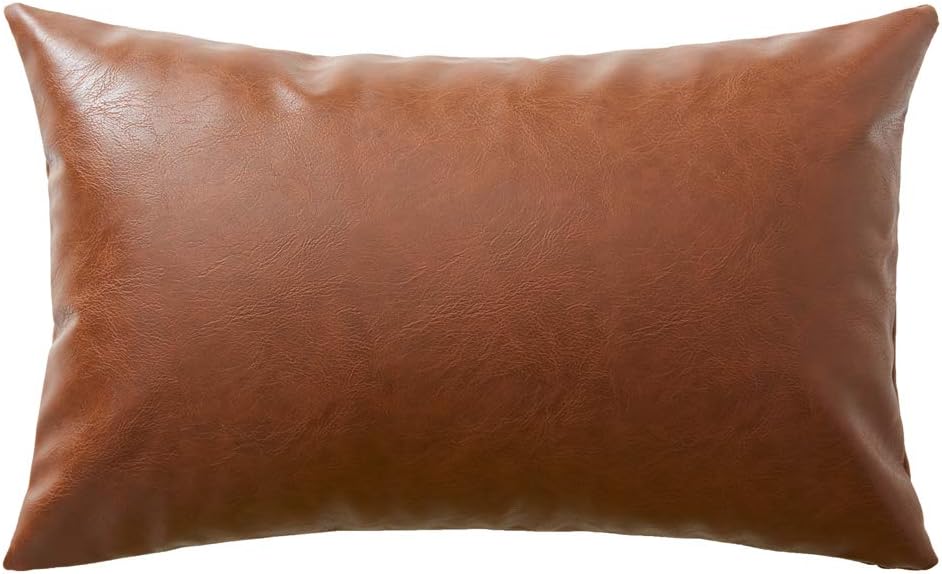 Fancy Homi Faux Leather Boho Decorative Throw Pillow Covers, Thick Modern Solid Square Cushion Case Set for Couch Sofa Bedroom Car Living Room (12x20 Inch/30x50 cm, Brown)