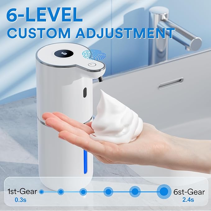 Automatic Foaming Soap Dispenser Touchless, Rechargeable Electric Hand ＆ Dish Soap Dispenser for Bathroom and Kitchen - Smart Digital Display, 6 Adjustable Level, 380ml, Wall Mounted, IPX5