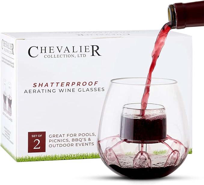 Shatterproof Aerating Wine Glasses (Set of 2) by Chevalier Collection - Tritan Plastic Outdoor Wine Glasses with Patented Built-In Aerator - Pool, Camping, Boat Safe - Gift Packaging