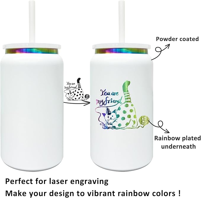 4 Pack Glass Cups with Lids and Straws, 16 oz Stainless Steel Cups, Insulated Skinny Tumbler, Powder Coated Travel Tumblers for Laser Engrave, Iced Coffee Cup for Smoothie Water DIY Gift(White,4 pack)