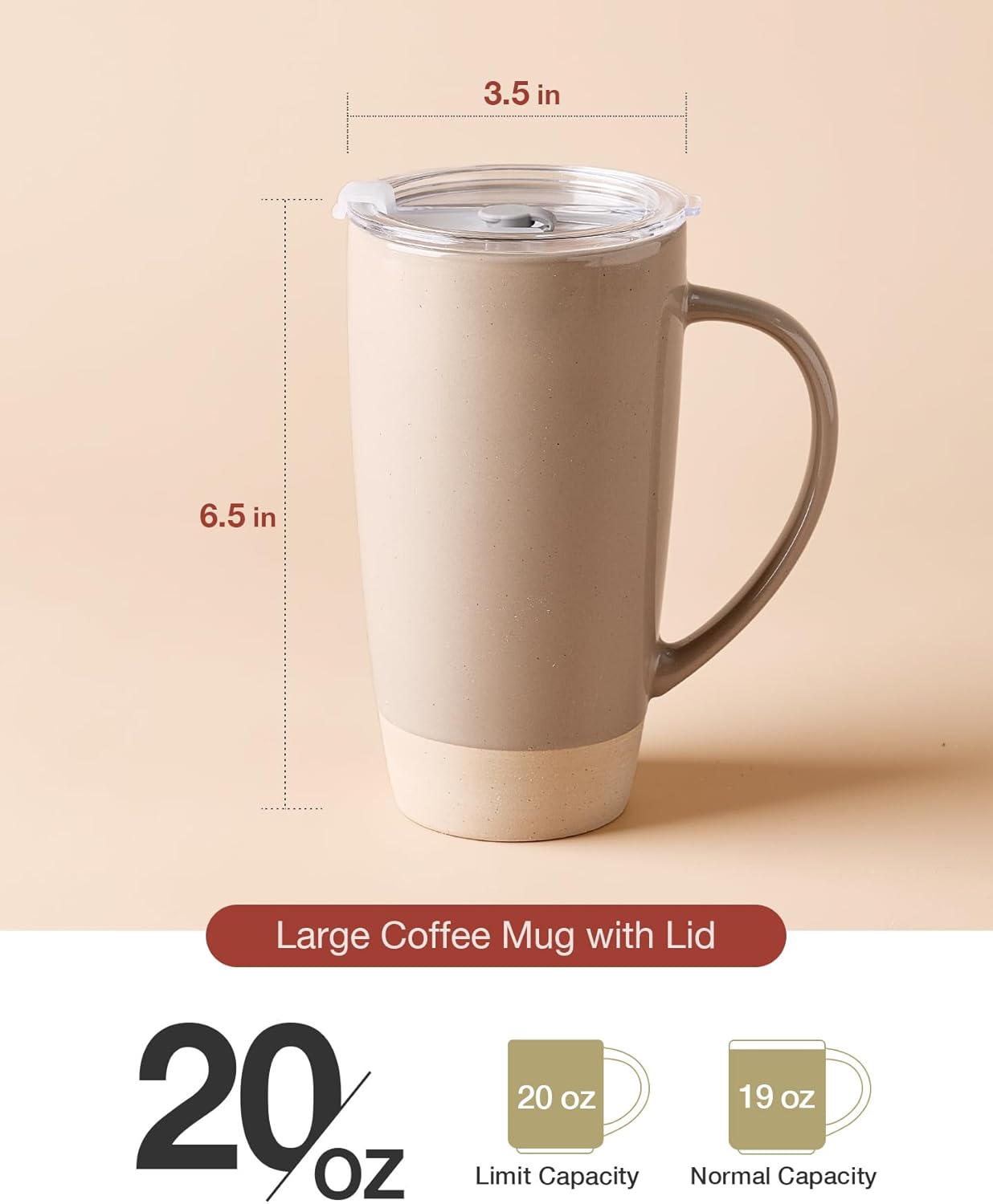 famiware Milkyway Coffee Mugs, 20oz Large Coffee Mug, Ceramic Mug Set of 2 with Lid, Cup Set with Handle for Latte, Tea, Cocoa, Milk, Home & Office, Cinnamon Brown and Dark Gray