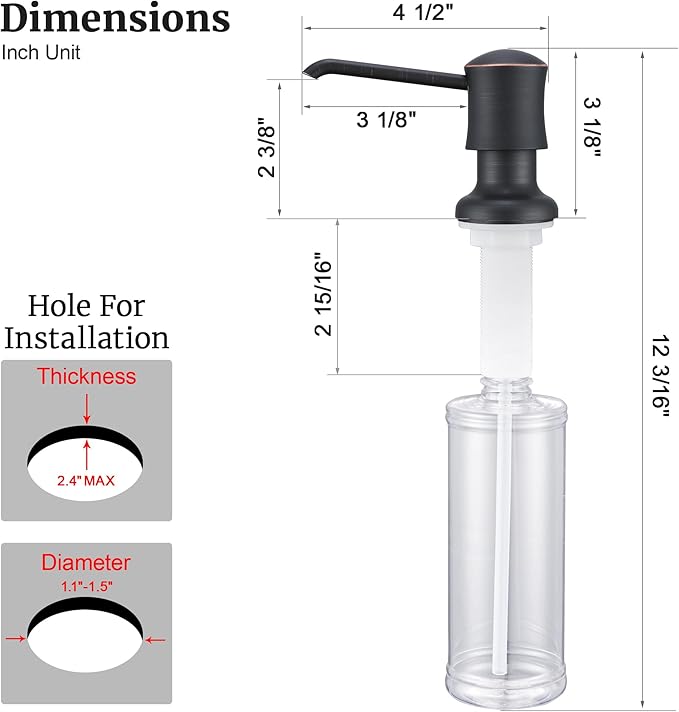 Soap Dispenser for Kitchen Sink (Oil Rubbed Bronze), Built-in and Refill-from-Top Design with Liquid Hand & Dish Soap Bottle