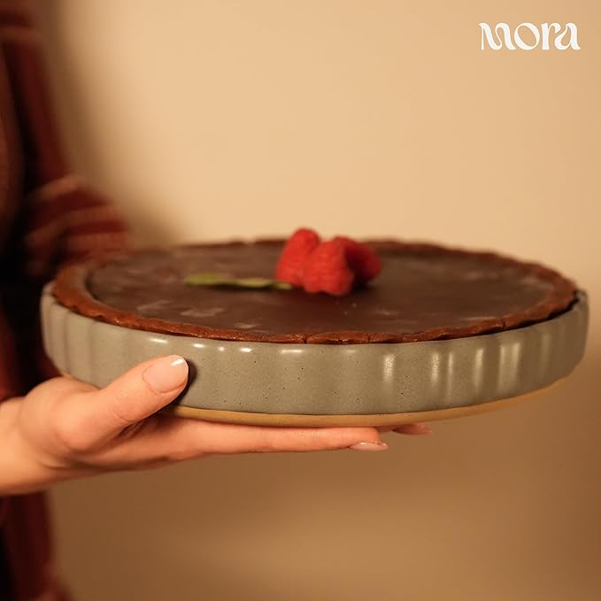 MORA Ceramic Tart Pan, 9.5 Inch Large Porcelain Baking Dish for Tarts, Quiche, Pie, Flan etc. Fluted Ruffled Edge, Oven, Microwave, Freezer, and Dishwasher safe - Great Gift For Bakers - Peppercorn