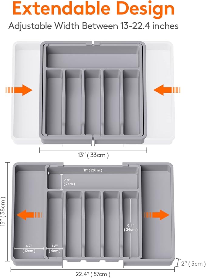 Lifewit Silverware Drawer Organizer, Expandable Cooking Utensil Tray, Adjustable Plastic Storage for Spoons Forks Knives, Large
