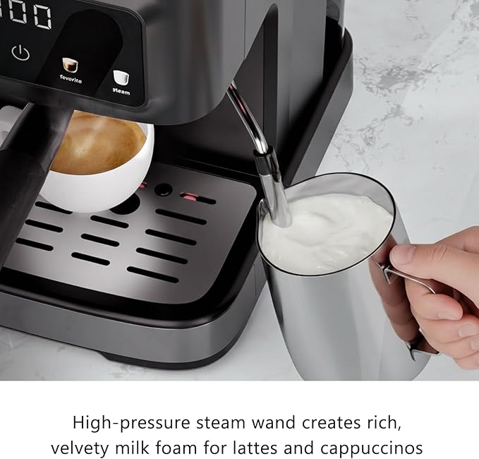 Kndko Espresso Machine, 15 Bar Digital Espresso Maker, Milk Frother Steam Wand for Latte & Cappuccino, Compact Coffee Machine, 1.5L Removable Water Tank, 2 cups dual-stainless steel filter