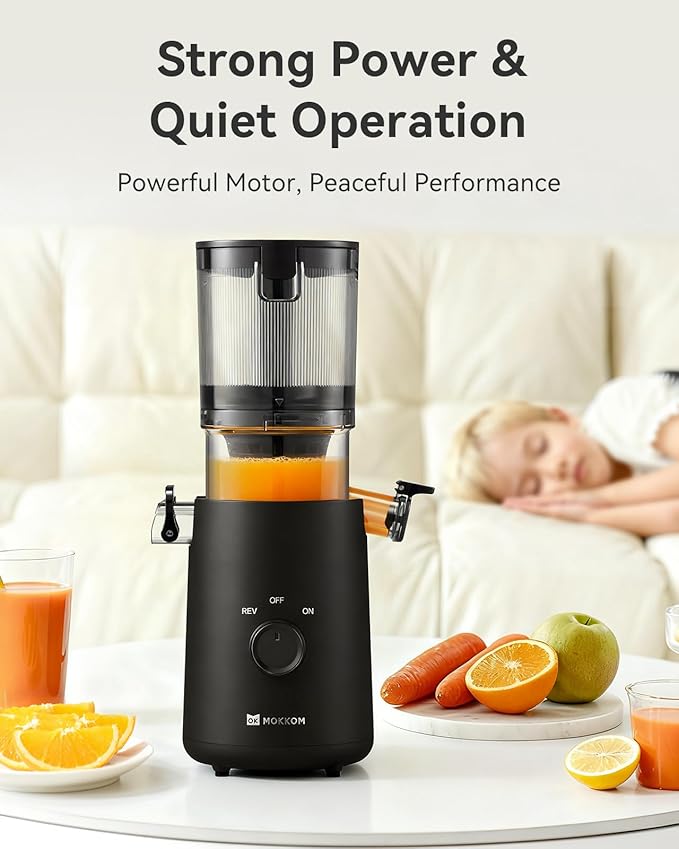 MOKKOM Cold Press Juicer, Updated Large Feed Chute Juice Extractor Machine, High Juice Yield, Slow Masticating Juicer Fit Whole Fruits Vegetables, Black