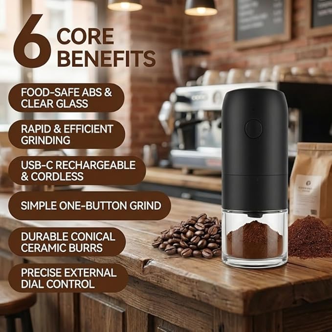 Caldwell Portable Electric Coffee Grinder – USB Rechargeable Ceramic Burr Mill for Espresso to French Press – Automatic Coffee Bean Grinder for Travel, Camping & Home – Black