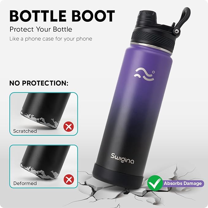 Swigina [2-IN-1 LID] Insulated Water Bottle with Silicone Boot (36hrs Cold/18hrs Hot) - DIY Stickers, Leakproof, BPA Free, 24 oz