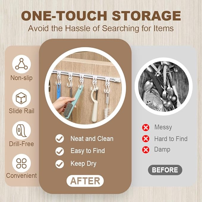 Multifunctional Slide Rail Hook,Kitchen Utensil Hanging Rack Wall Mounted Hanger,Space Saving Utensil Holder with 10 Hooks ,Sliding Track Hook No Drilling Hanger for Home Office (Length 30+40cm)