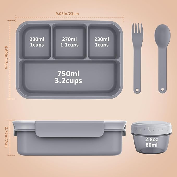 Caperci Bento Box Adult - 50 oz Large Lunch Containers for Adults and Teens, 4-Compartment Bento Lunch Box with Utensils & Leak Proof Sauce Cup, Dishwasher Safe, Durable, BPA-Free (Gray)