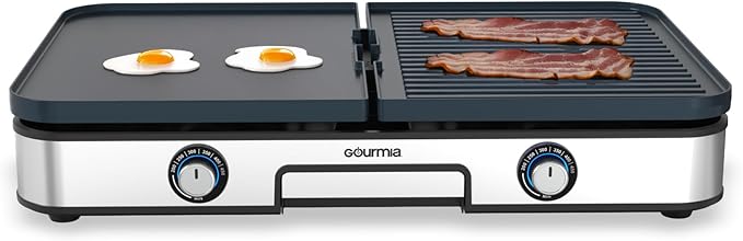 Gourmia 3-in-1 Indoor Grill & Griddle Electric Combo – Dual Independent Cooking Zones, Reversible Nonstick Ceramic Plates, XL Cooking Surface, 250–400°F Adjustable Temp, Dishwasher Safe