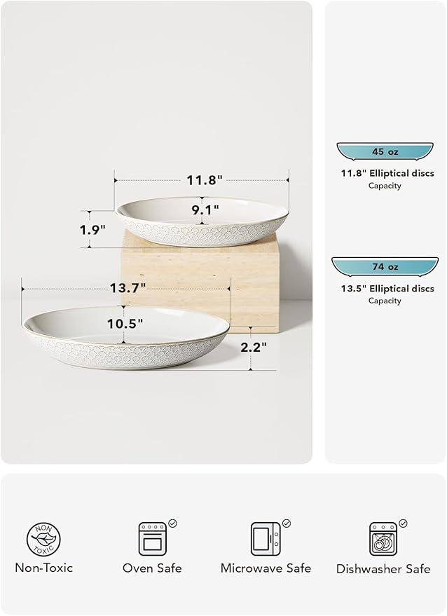 LE TAUCI Ceramic Serving Bowls Set of 2, Large Oval Serving Dishes for Entertaining, 11.8 & 13.7 Inch Salad Bowl for Kitchen Counter, Fruit Bowl, Pasta Bowls, Microwave and Dishwasher Safe - White